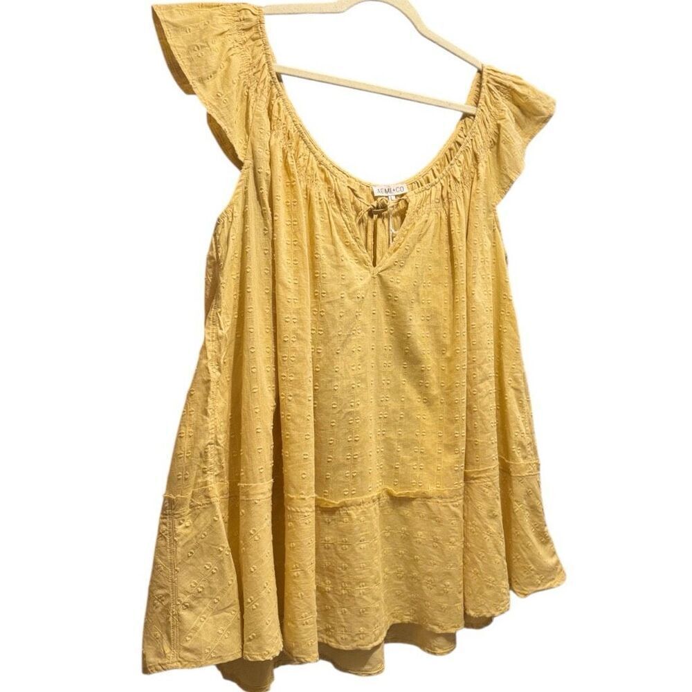 Yellow Tunic Mini Dress Ruffled Cap Sleeve Cotton NWT | Aemi+Co - Picture 8 of 14